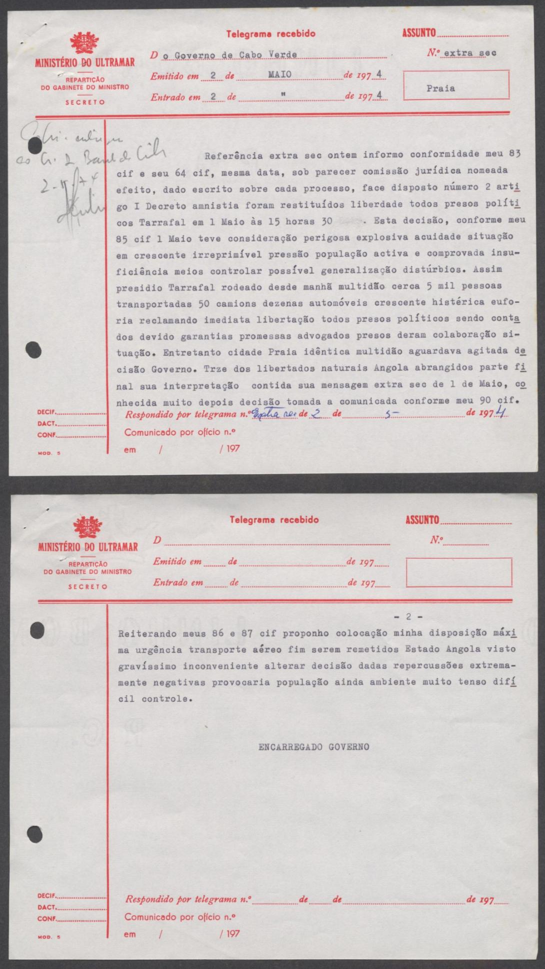 Telegramas de 2 de maio de 1974 sobre a libertação dos presos políticos do Tarrafal